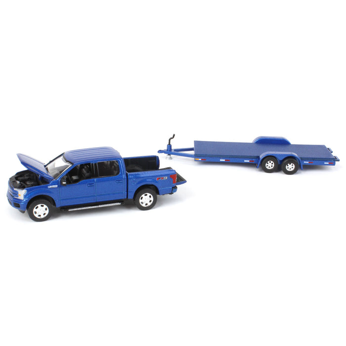 (B&D) 1/64 Limited Edition Metallic Blue 2019 Ford F-150 with Blue Trailer by Auto World - Damaged Item