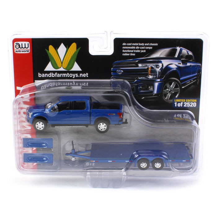 1/64 Limited Edition Metallic Blue 2019 Ford F-150 with Blue Trailer by Auto World
