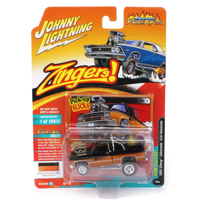 1/64 1985 Chevrolet Silverado, Black and Orange, Zingers, Johnny Lightning