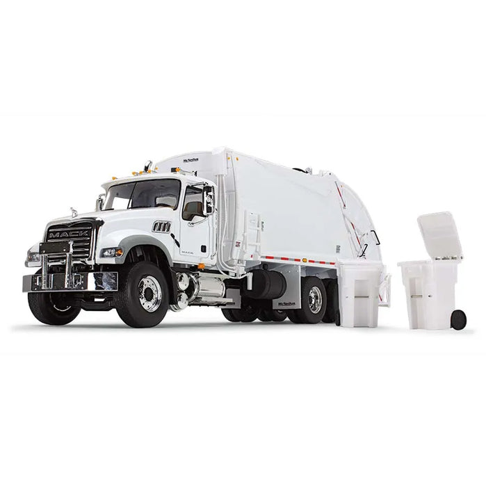 1/34 White Mack Granite MP w/ McNeilus Rear Load Refuse Truck & Trash Cans