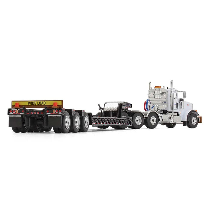 1/50 White Peterbilt 367 w/ Komatsu Logos & Black Talbert 55SA Tri-Axle Lowboy Trailer