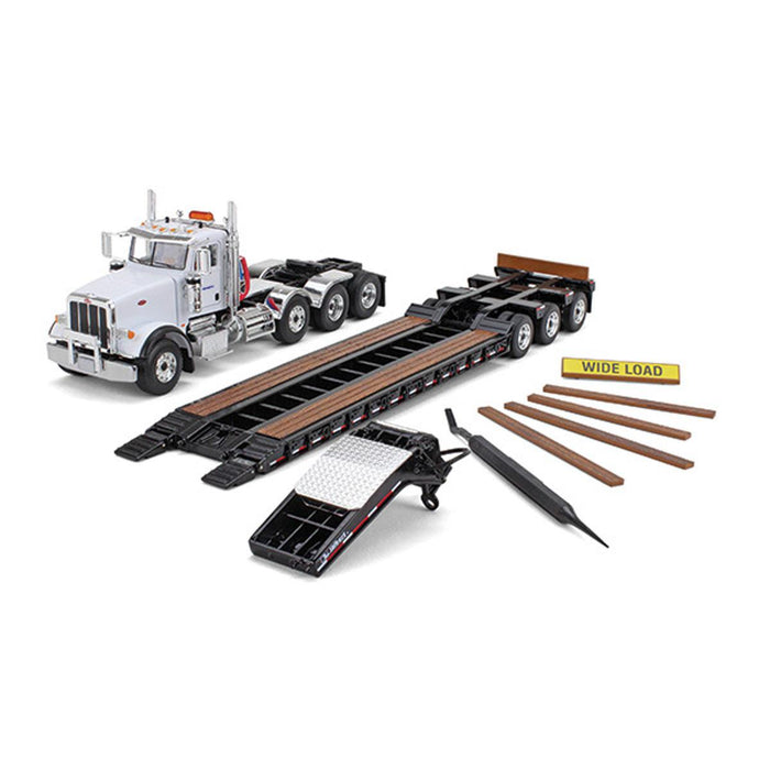 1/50 White Peterbilt 367 w/ Komatsu Logos & Black Talbert 55SA Tri-Axle Lowboy Trailer