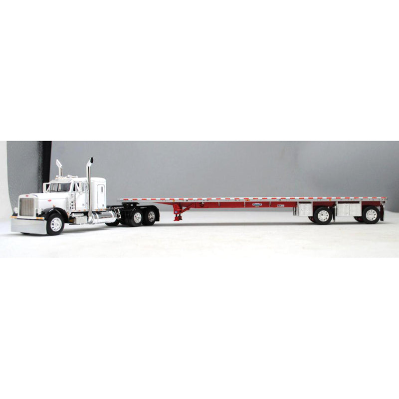 1/64 Peterbilt 379 Semi Truck with Wilson Spread-Axle Flatbed Trailer, White/Black/Red, DCP by First Gear
