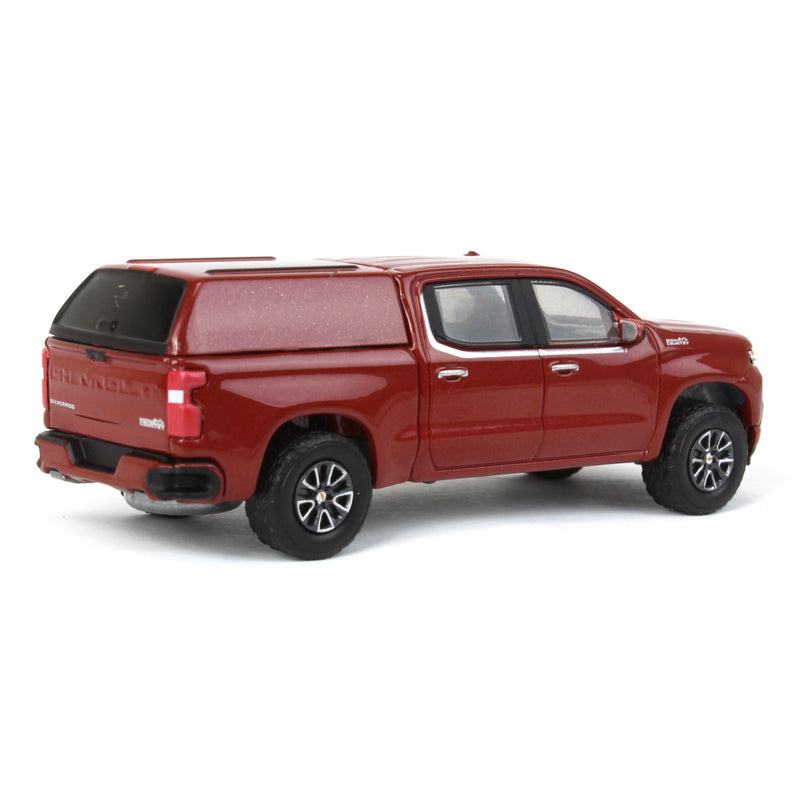 1/64 2022 Chevrolet Silverado LTD High Country Pickup Truck with Camper Shell, Cherry Red, Showroom Floor Series 2