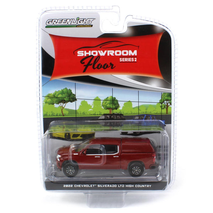 1/64 2022 Chevrolet Silverado LTD High Country with Camper Shell, Cherry Red, Showroom Floor Series 2