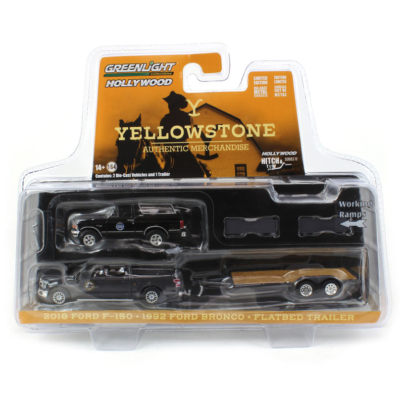 1/64 2018 Ford F-150 Pickup Truck with 1992 Ford Bronco & Flatbed Trailer, Montana Livestock Assoc., Hitch & Tow Series 11