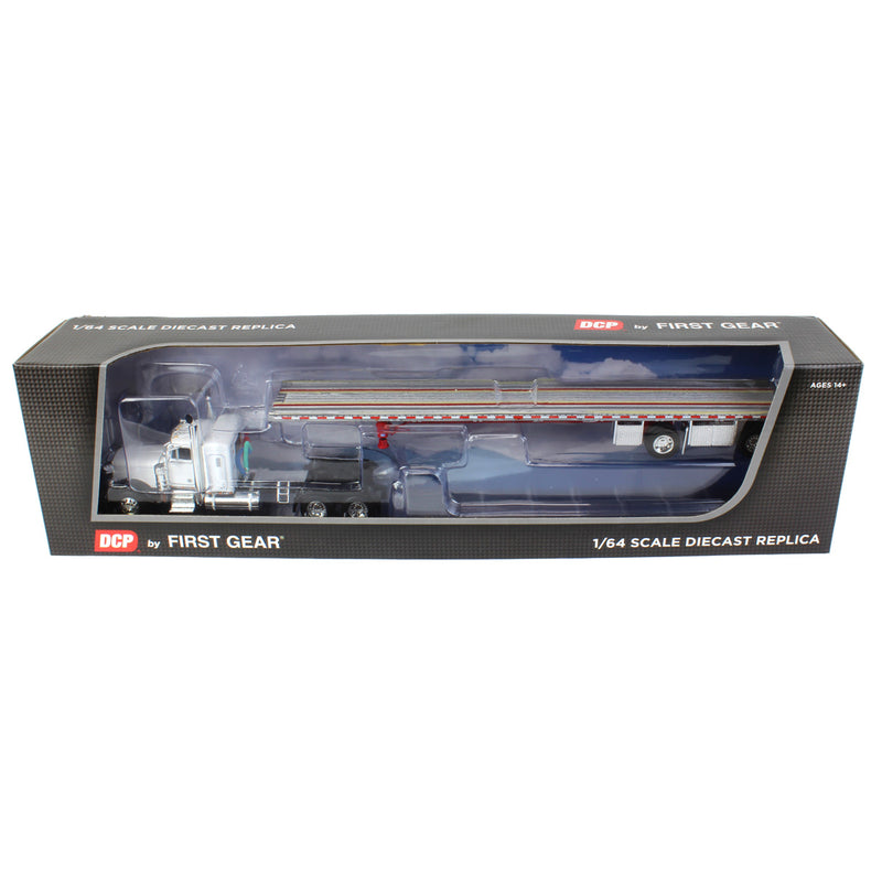 1/64 Peterbilt 379 Semi Truck with Wilson Spread-Axle Flatbed Trailer, White/Black/Red, DCP by First Gear