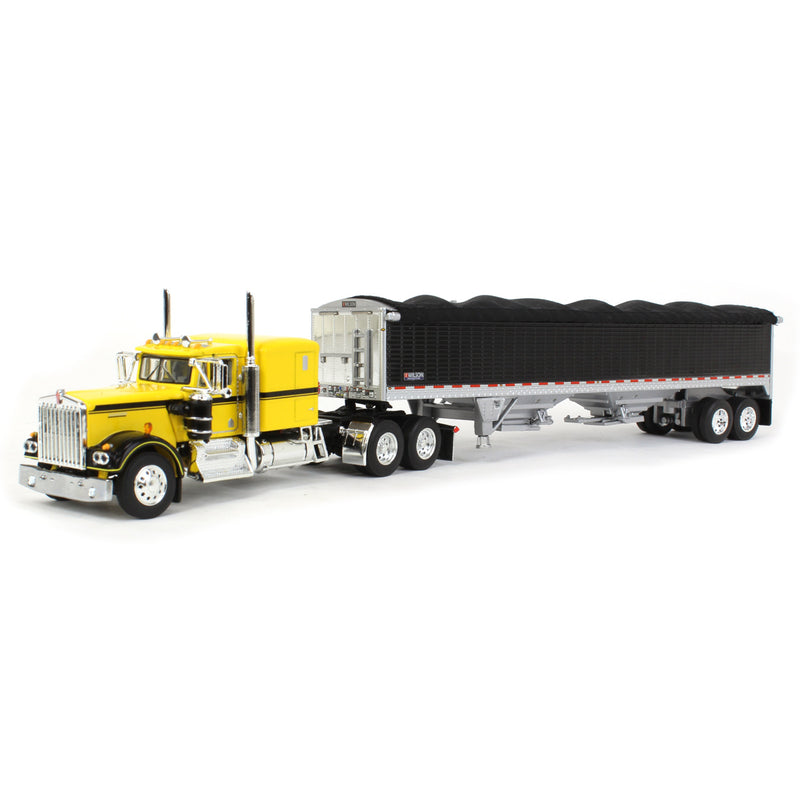 1/64 Kenworth W900A Semi Truck with High Side Grain Trailer, Yellow & Black, DCP by First Gear