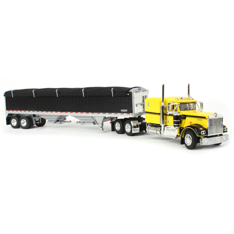 1/64 Kenworth W900A Semi Truck with High Side Grain Trailer, Yellow & Black, DCP by First Gear