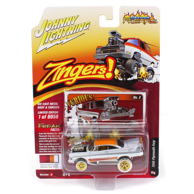 White Lightning ~ 1/64 Johnny Lightning Street Freaks 2022 Release 2A - 1958 Plymouth Fury, Zingers