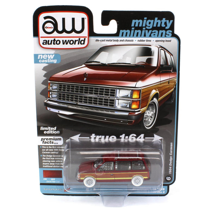 Ultra Red ~ 1/64 Auto World 2023 1B - 1984 Dodge Caravan, Gamel Pearl Coat with Side Woodgrain