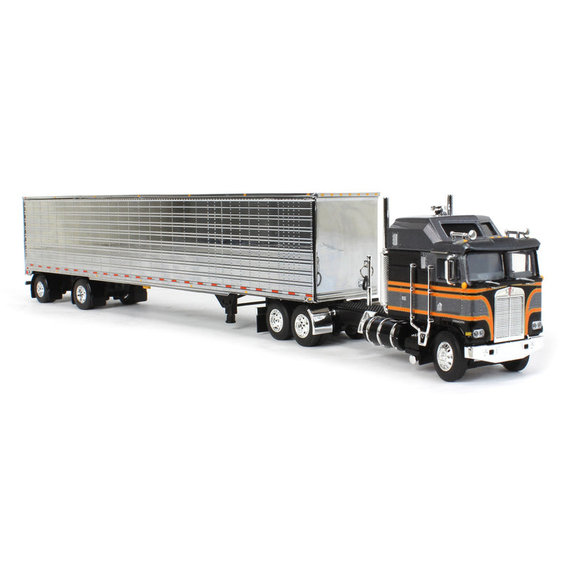 1/64 Kenworth K100 Aerodyne Long Frame Semi Truck with Chrome Van Trailer, Silver/Black, DCP by First Gear