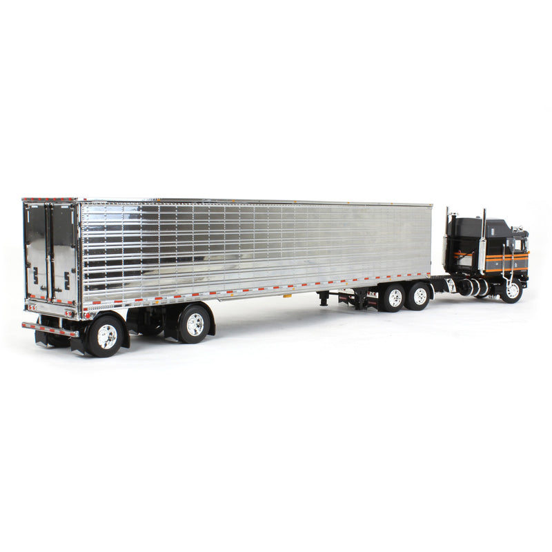 1/64 Kenworth K100 Aerodyne Long Frame Semi Truck with Chrome Van Trailer, Silver/Black, DCP by First Gear