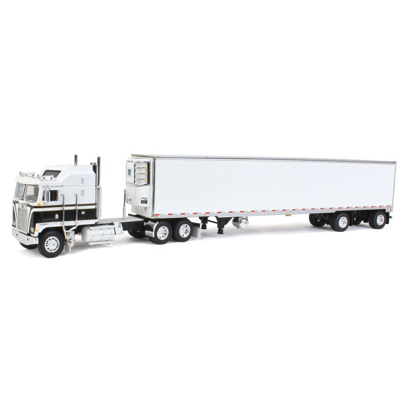 1/64 Kenworth K100 Aerodyne Long Frame Semi Truck with White Reefer Trailer, Black/White, DCP by First Gear