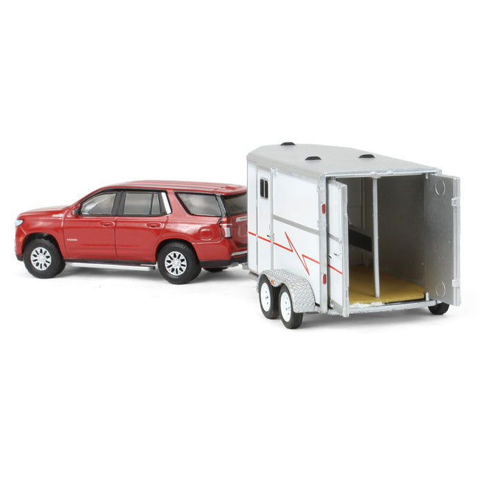 (B&D) 1/64 2021 Chevrolet Tahoe, Cherry Red, with Horse Trailer - Damaged Item