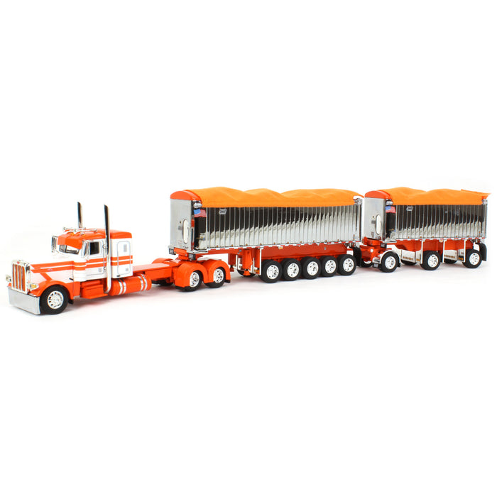 1/64 White/Orange/Chrome Peterbilt 389 w/ Chrome East Genesis II End Dump Trailers, DCP by First Gear