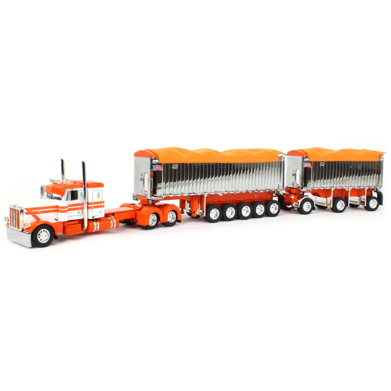 1/64 White/Orange/Chrome Peterbilt 389 w/ Chrome East Genesis II End Dump Trailers, DCP by First Gear