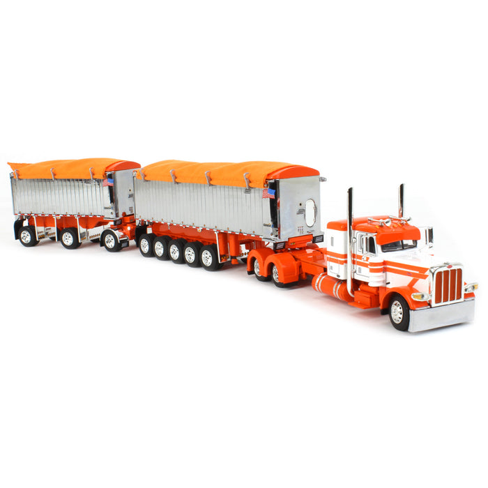 1/64 White/Orange/Chrome Peterbilt 389 w/ Chrome East Genesis II End Dump Trailers, DCP by First Gear