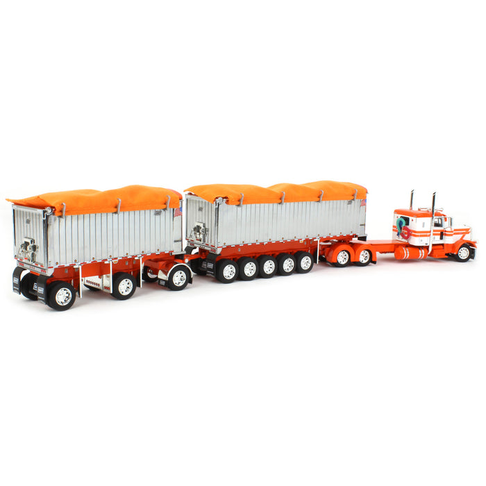 1/64 White/Orange/Chrome Peterbilt 389 w/ Chrome East Genesis II End Dump Trailers, DCP by First Gear