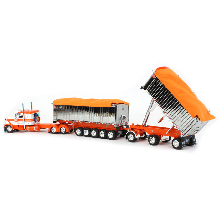 1/64 White/Orange/Chrome Peterbilt 389 w/ Chrome East Genesis II End Dump Trailers, DCP by First Gear