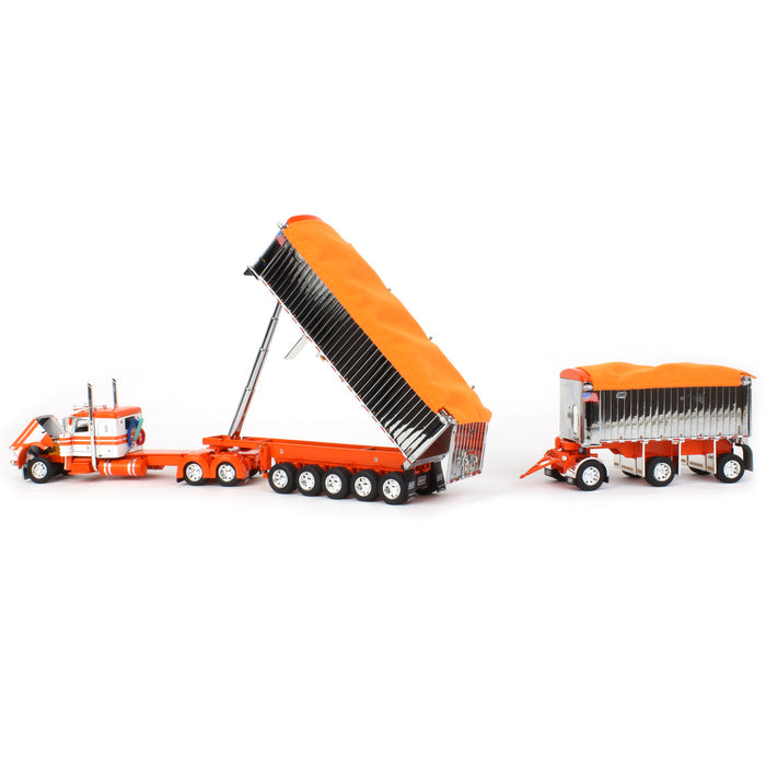 1/64 White/Orange/Chrome Peterbilt 389 w/ Chrome East Genesis II End Dump Trailers, DCP by First Gear