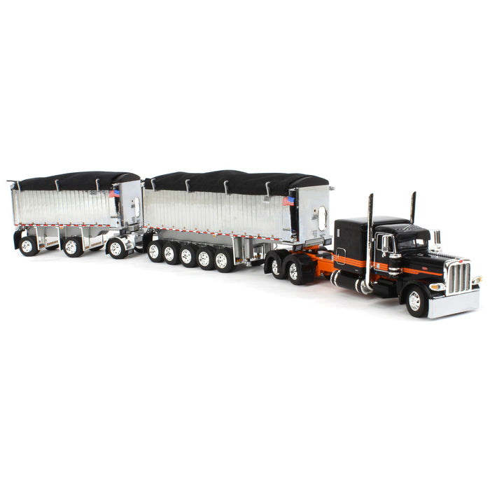 1/64 Black/Orange/Chrome Peterbilt 389 w/ Chrome East Genesis II End Dump Trailers, DCP by First Gear