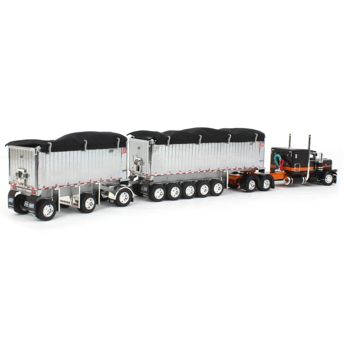 1/64 Black/Orange/Chrome Peterbilt 389 w/ Chrome East Genesis II End Dump Trailers, DCP by First Gear