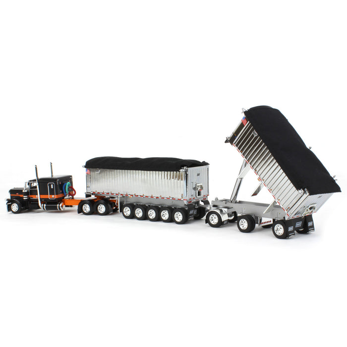 1/64 Black/Orange/Chrome Peterbilt 389 w/ Chrome East Genesis II End Dump Trailers, DCP by First Gear