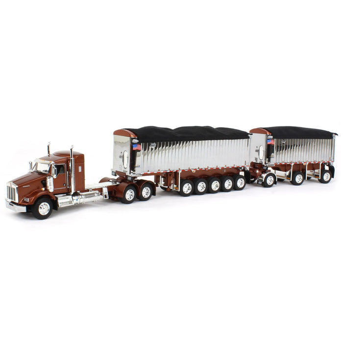 1/64 Bronze/Chrome Kenworth T800 w/ Chrome East Genesis II End Dump Trailers, DCP by First Gear