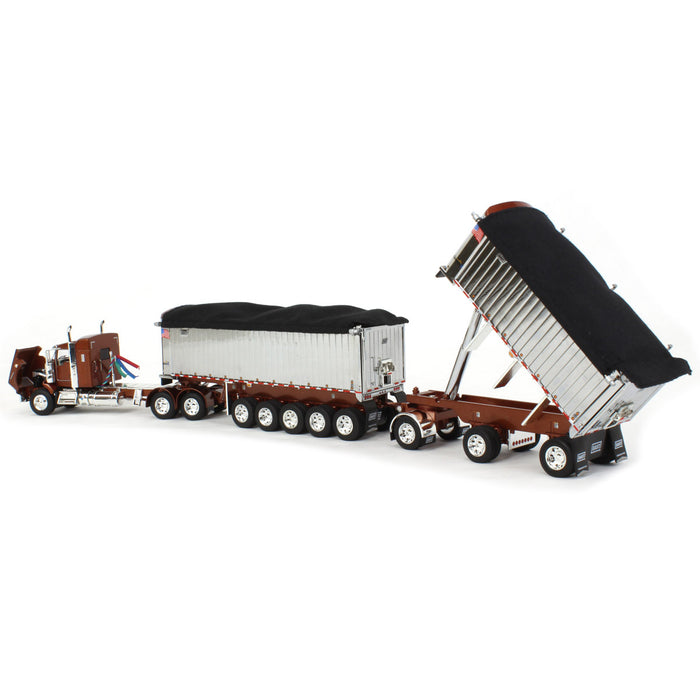 1/64 Bronze/Chrome Kenworth T800 w/ Chrome East Genesis II End Dump Trailers, DCP by First Gear