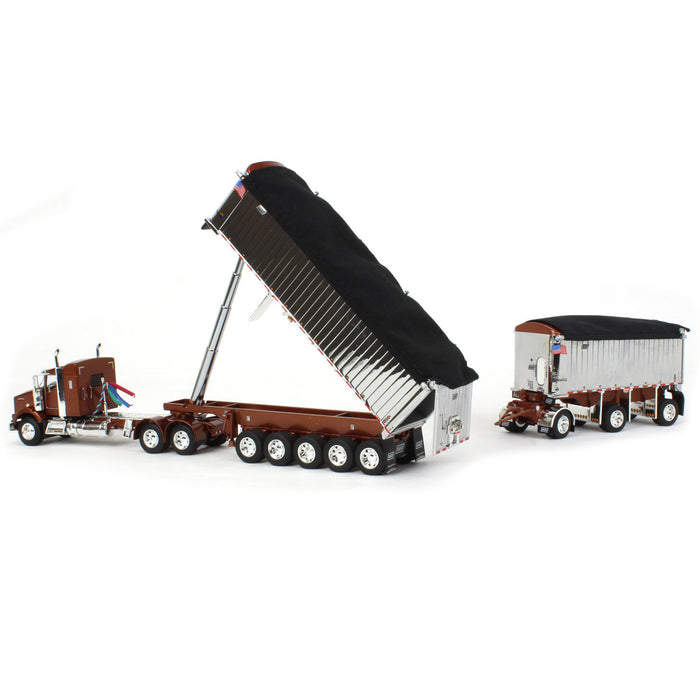 1/64 Bronze/Chrome Kenworth T800 w/ Chrome East Genesis II End Dump Trailers, DCP by First Gear