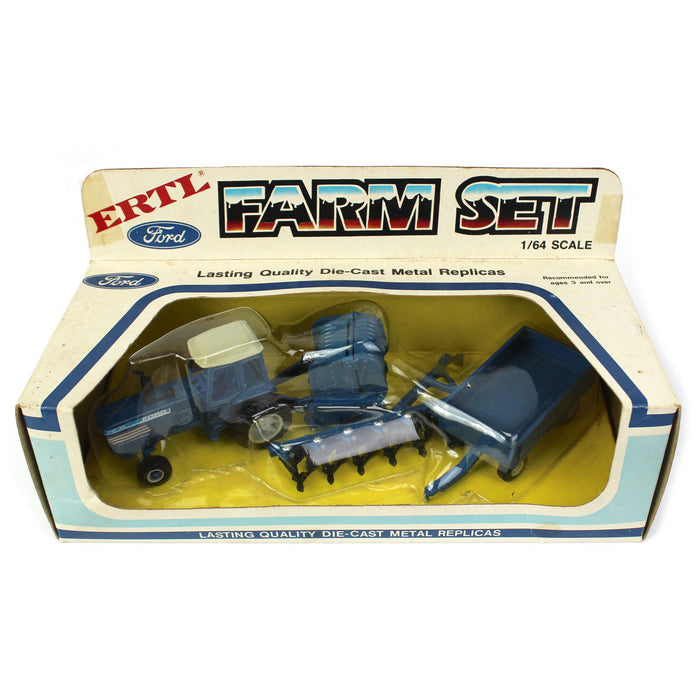 1/64 Ford Farm Set w/ TW-20, Round Baler, Wagon & 6 Bottom Plow