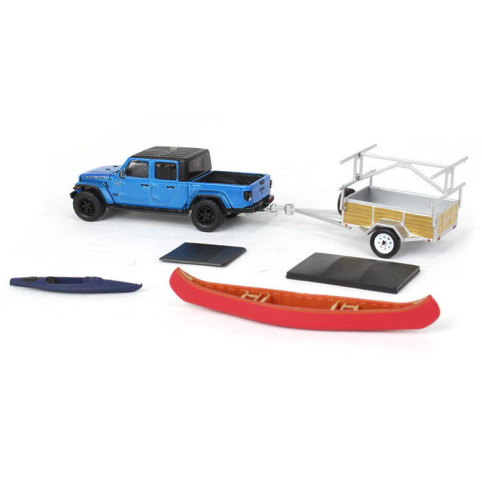 1/64 2021 Jeep Gladiator Hydro Blue, Canoe Trailer with Canoe Rack, Hitch & Tow 24