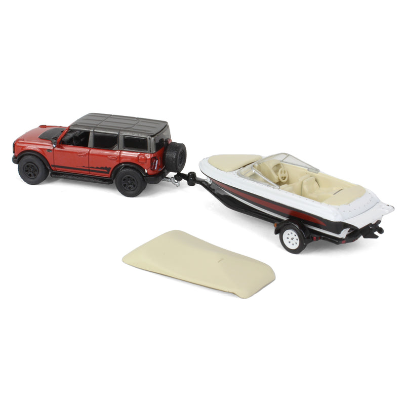 1/64 2021 Ford Bronco Wildtrak with Boat Trailer, Red, Hitch & Tow Series 23