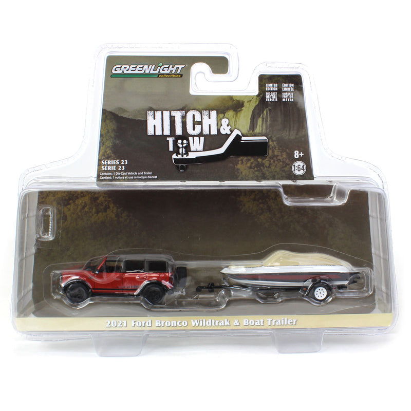 1/64 2021 Ford Bronco Wildtrak with Boat Trailer, Red, Hitch & Tow Series 23