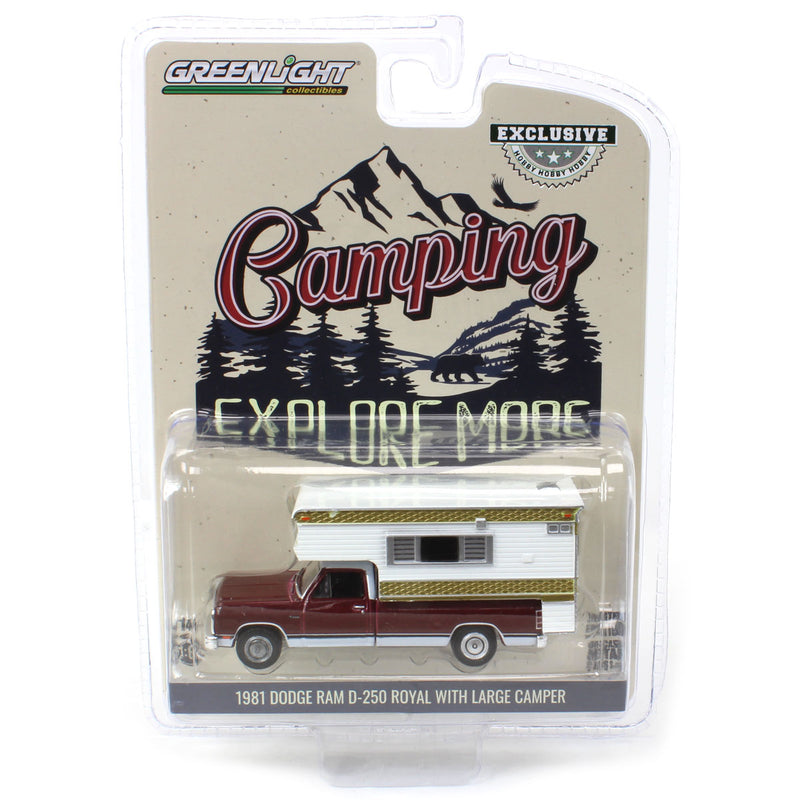 1/64 1981 Dodge Ram D-250 Royal with Large Camper by GreenLight Collectibles, Red & White
