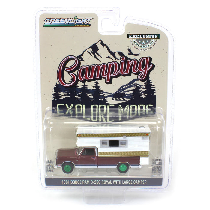 Green Machine ~ 1/64 1981 Dodge Ram D-250 Royal with Large Camper, Red and White