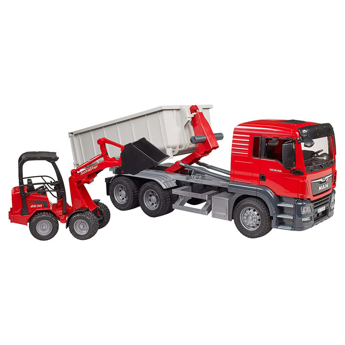 1/16 Man TGS Truck with Roll-off Container & Schaffer Compact Loader by Bruder