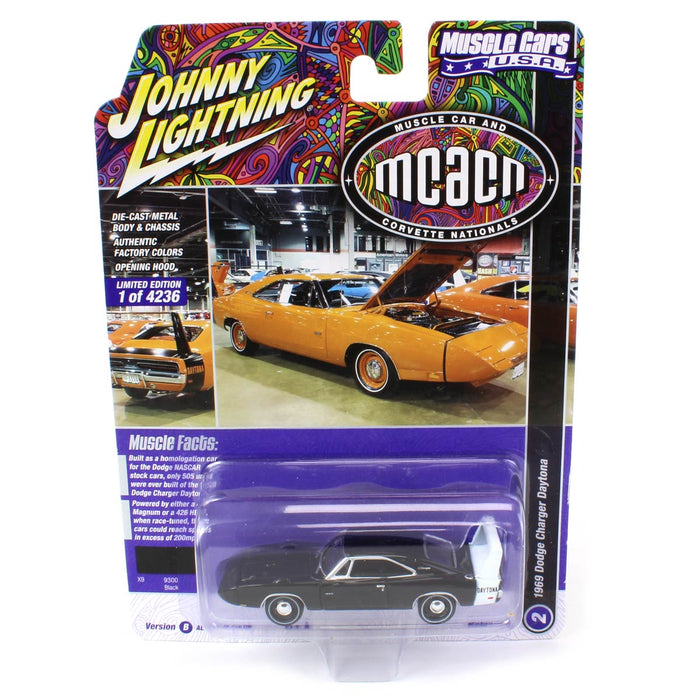 1/64 1969 Dodge Charger Daytona, Gloss Black with Rear Stripe, Johnny Lightning