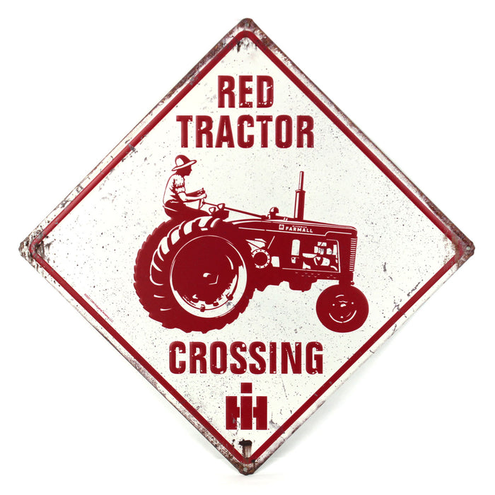 IH Farmall Distressed Vintage Red Tractor Crossing Tin Sign, 14in x 14in