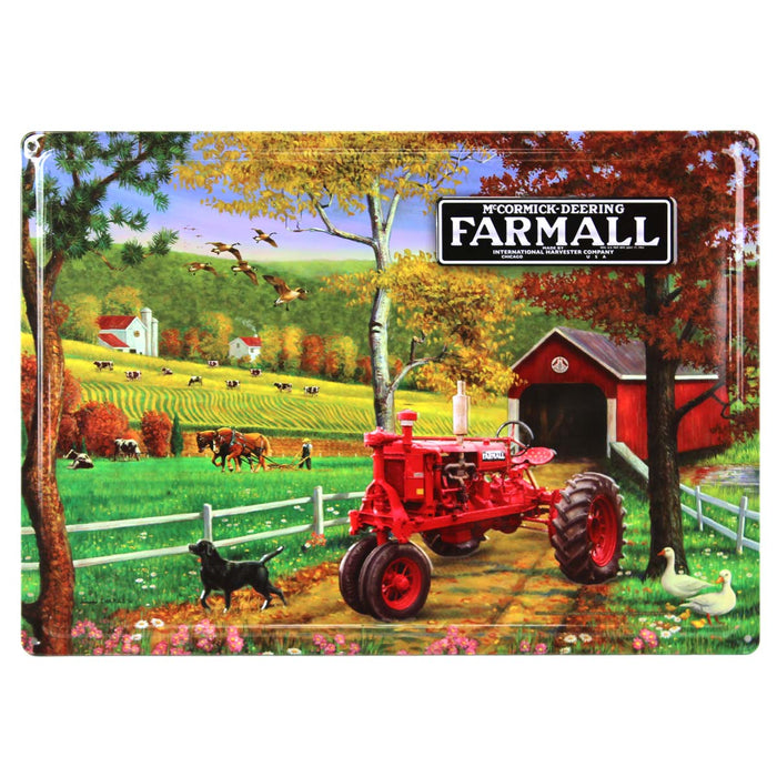 McCormick-Deering Farmall Tractor Covered Bridge Scene Tin Sign, 17in x 12in