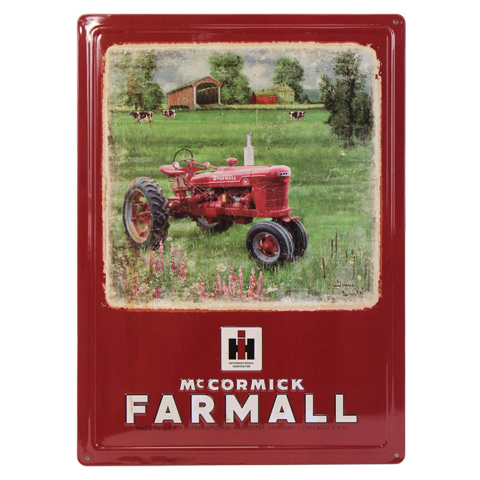 IH McCormick Farmall H Tractor in Farm Scene Metal Sign, 17in x 12in