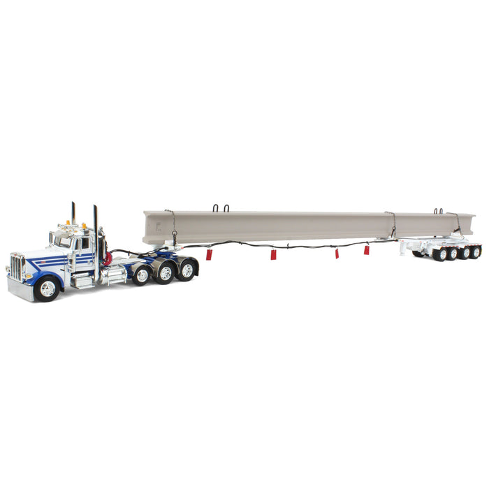 1/64 White/Blue Peterbilt 389 w/ ERMC Hydra-Steer Trailer & Bridge Beam Load, DCP by First Gear