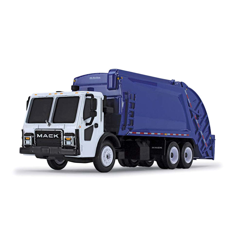 (B&D) 1/87 White/Blue Mack LR Garbage Truck with McNeilus Meridian Rear Loader by First Gear - Damaged Box