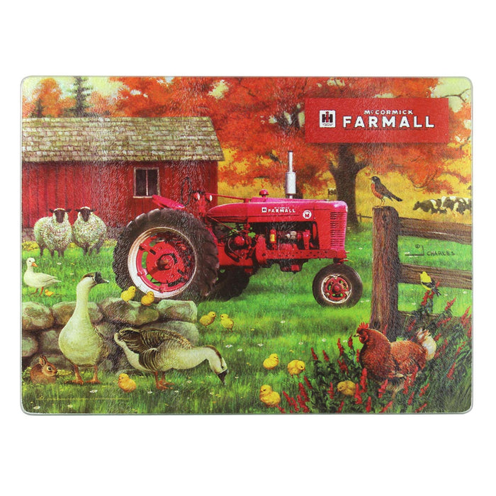 IH Farmall Super M Tractor with Animals Glass Cutting Board, 15.5in x 11.75in