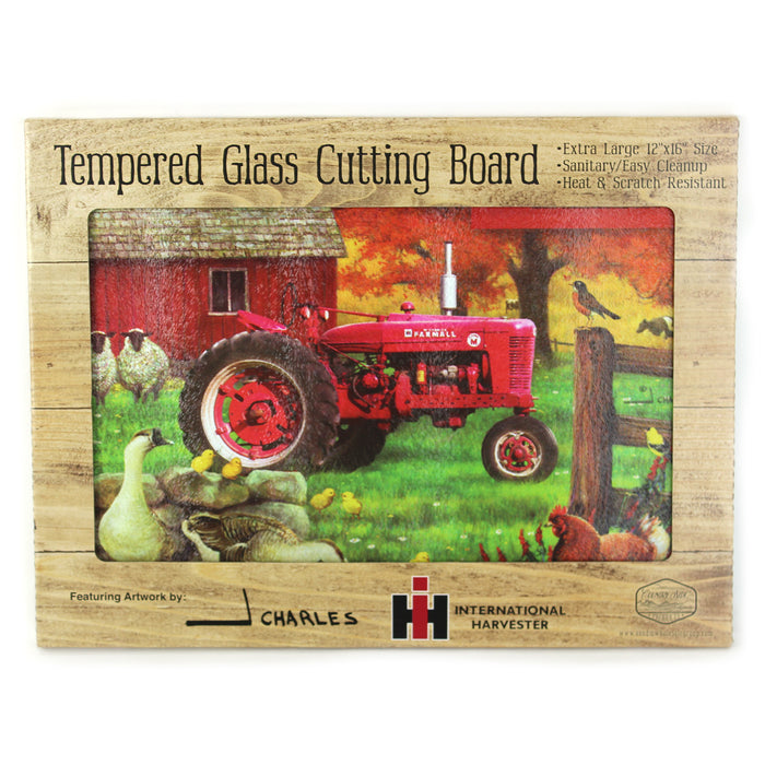 IH Farmall Super M Tractor with Animals Glass Cutting Board, 15.5in x 11.75in