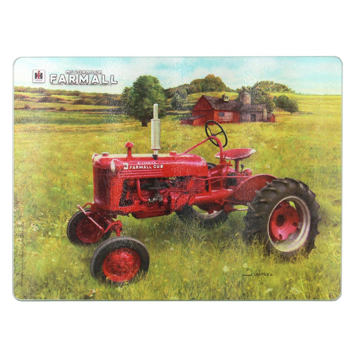 IH McCormick Farmall Cub Tractor in Field Glass Cutting Board, 15.5in x 11.75in