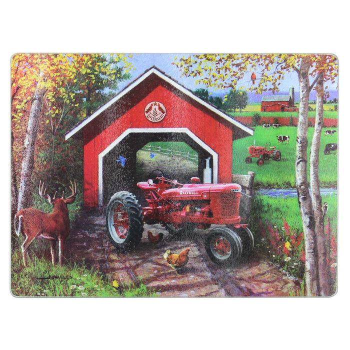 IH Farmall H Tractor with Covered Bridge Glass Cutting Board, 15.5in x 11.75in