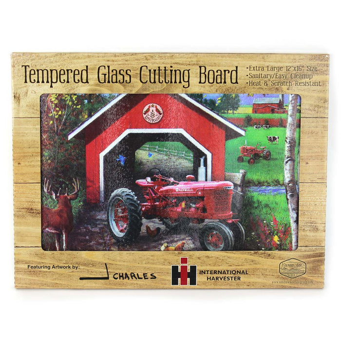 IH Farmall H Tractor with Covered Bridge Glass Cutting Board, 15.5in x 11.75in