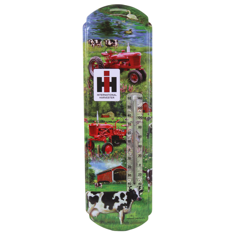 IH Farmall Metal Thermometer Featuring Cub & H Tractors in Farm Scene, 5.125in x 17.375in
